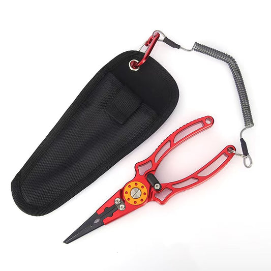 Red aluminum alloy fishing pliers with black sheath and lanyard